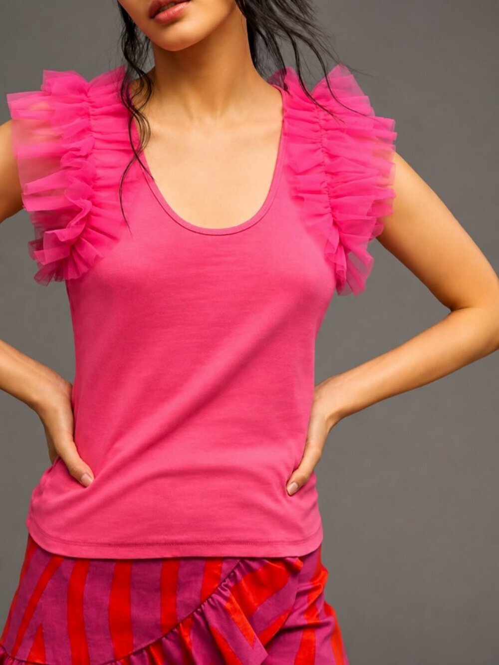 Anthropologie NEW Dolan Pink Tulle Flutter Sleeve Ribbed Knit Top SZ Large
